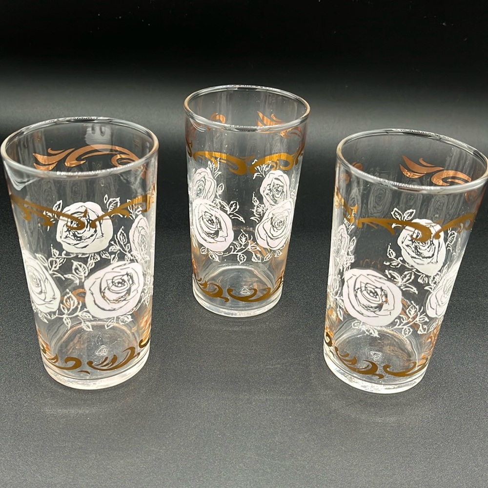 Vintage Libbey Tumbler Glasses, Mid Century Modern-White Rose and Gold Pattern